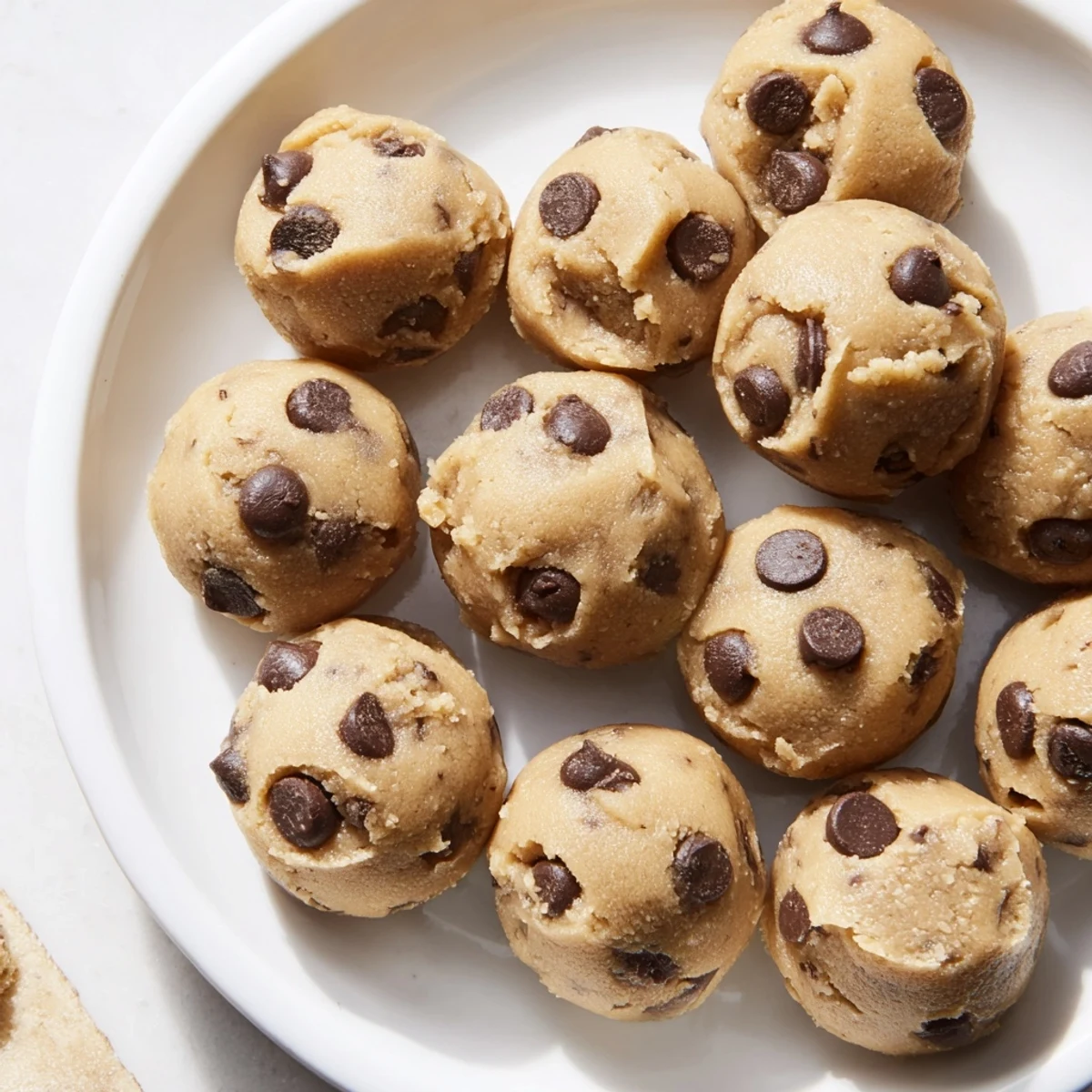 Decadent chocolate chip cookie dough, studded with rich chocolate, ready for safe, no-bake snacking.