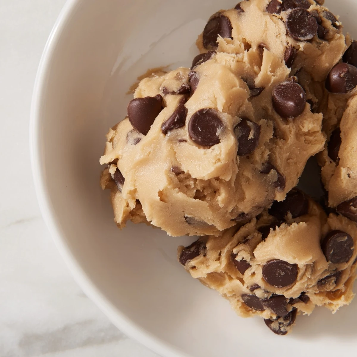 A close-up of creamy, delicious chocolate chip cookie dough, showcasing perfect texture and scattered chips.