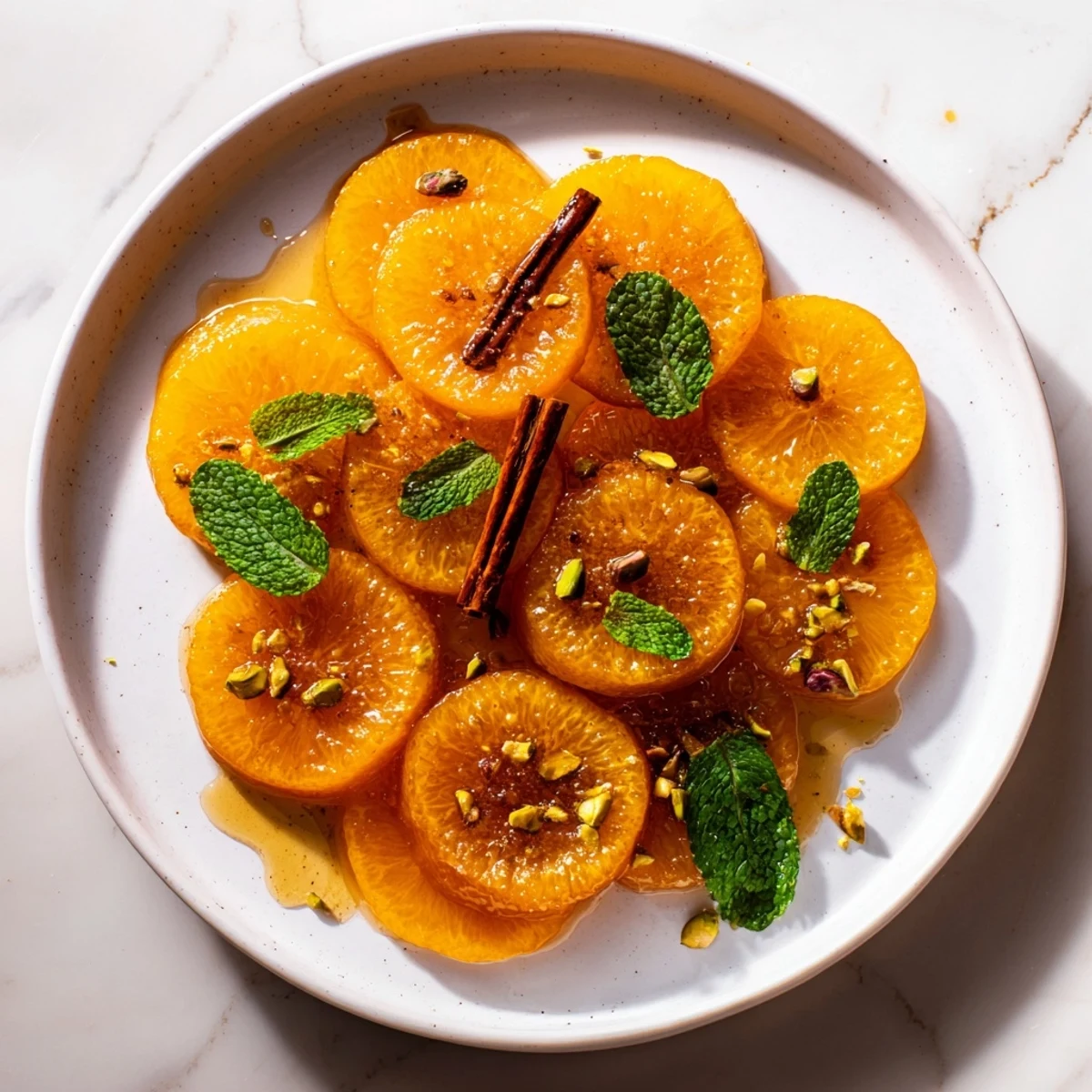 Golden Spiced Orange Slices arranged attractively, finished with pistachios and mint for a refreshing dessert.