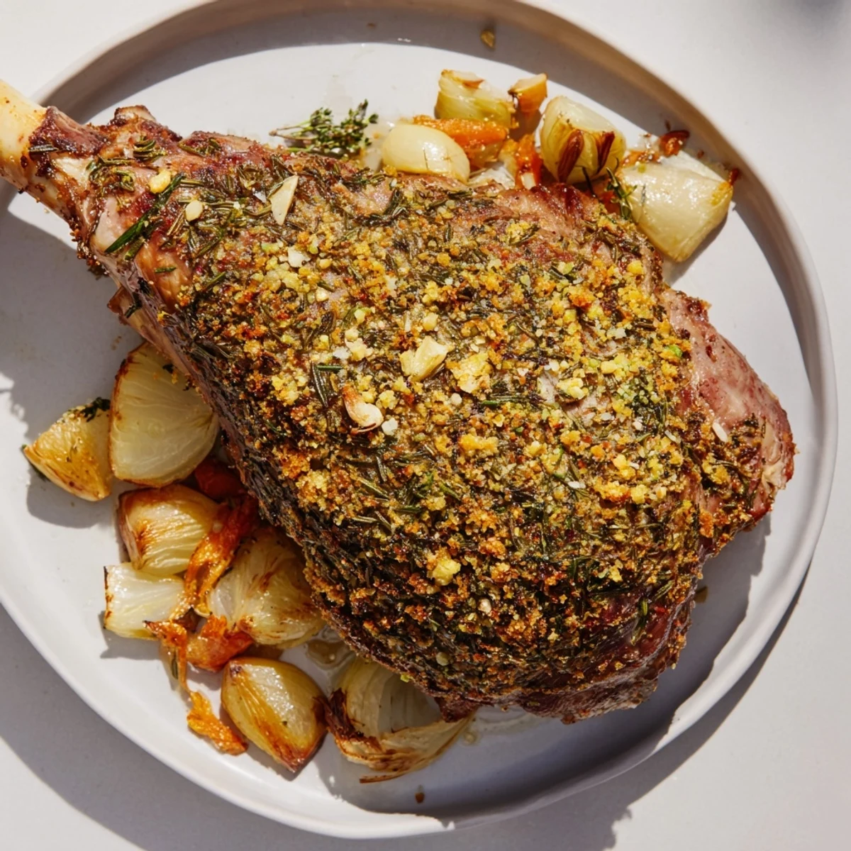 Golden-brown, perfectly roasted leg of lamb, glistening and ready, perfect for a special dinner.