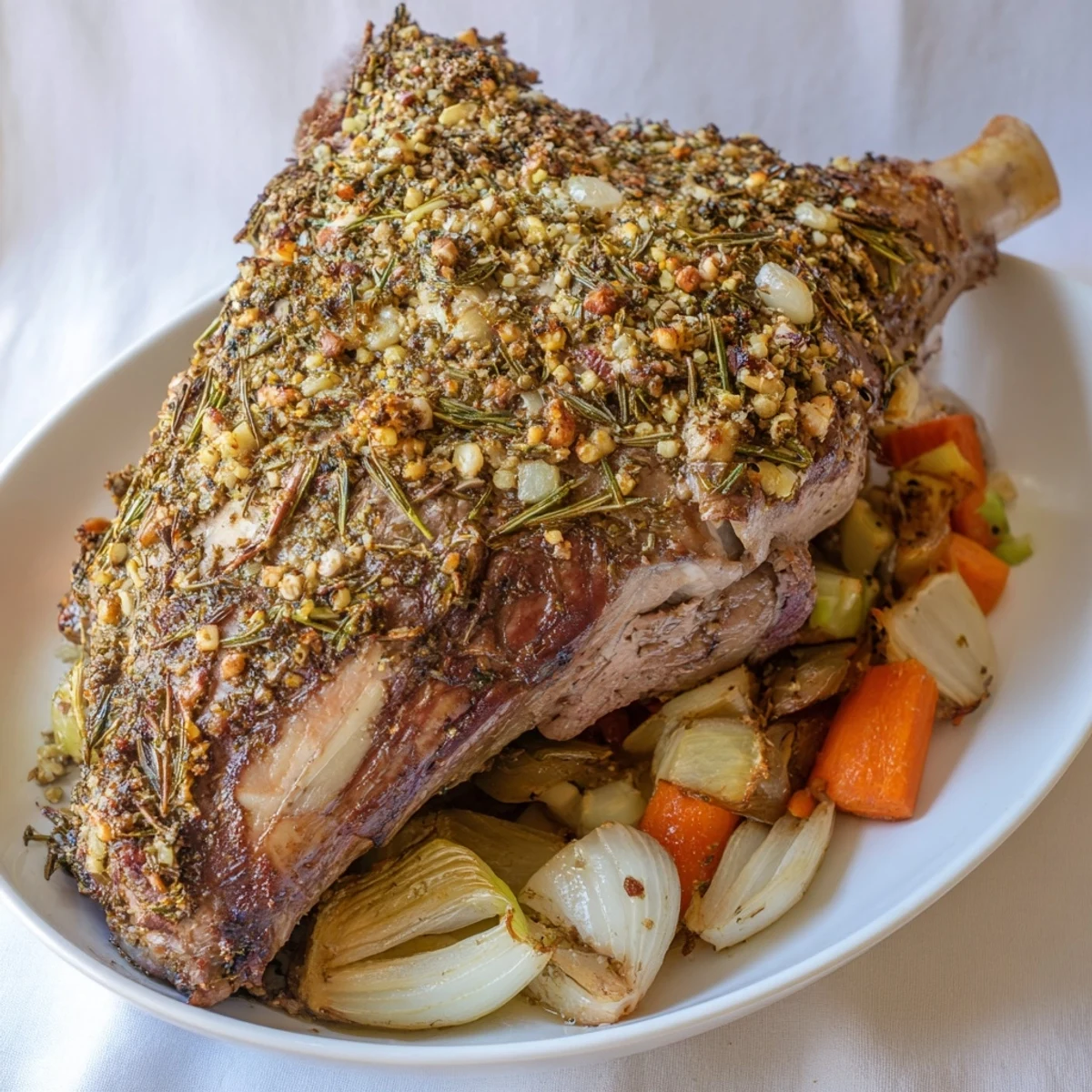 Close-up image of a herb-crusted roasted leg of lamb, juicy and flavorful, for Sunday dinner.