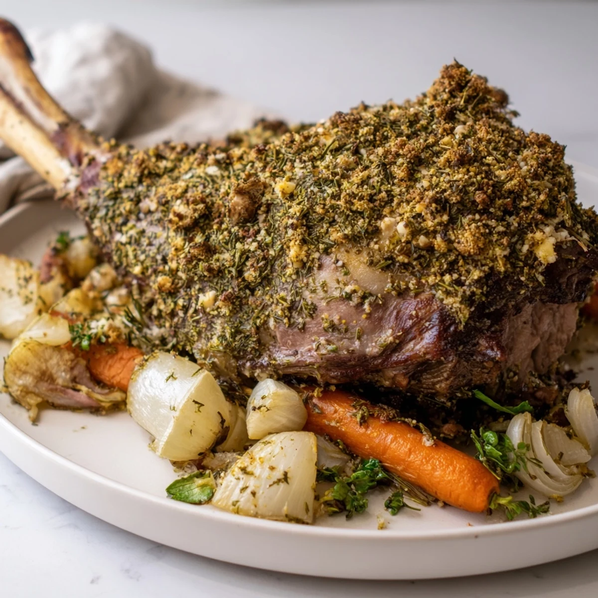 Tender, slow-roasted leg of lamb with savory herbs, served with vegetables, a Mediterranean classic.
