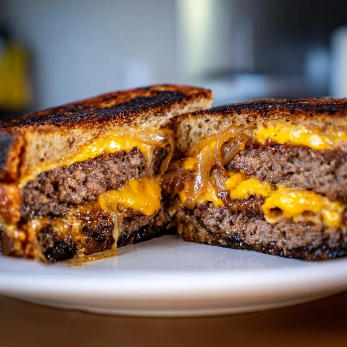Golden, grilled beef patty melt with layers of melted Swiss cheese and caramelized onions, delicious.