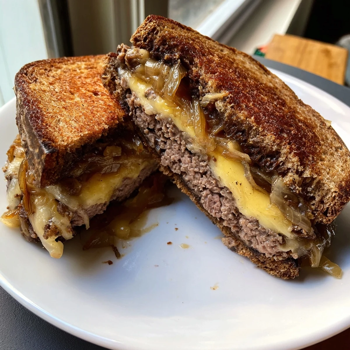 Perfectly grilled beef patty melt sandwich, showing melted cheese and oozing, delicious fillings.