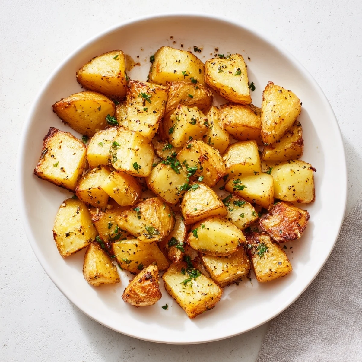 Golden-brown, perfectly crispy garlic roasted potatoes, a delightful side dish, ready to eat.