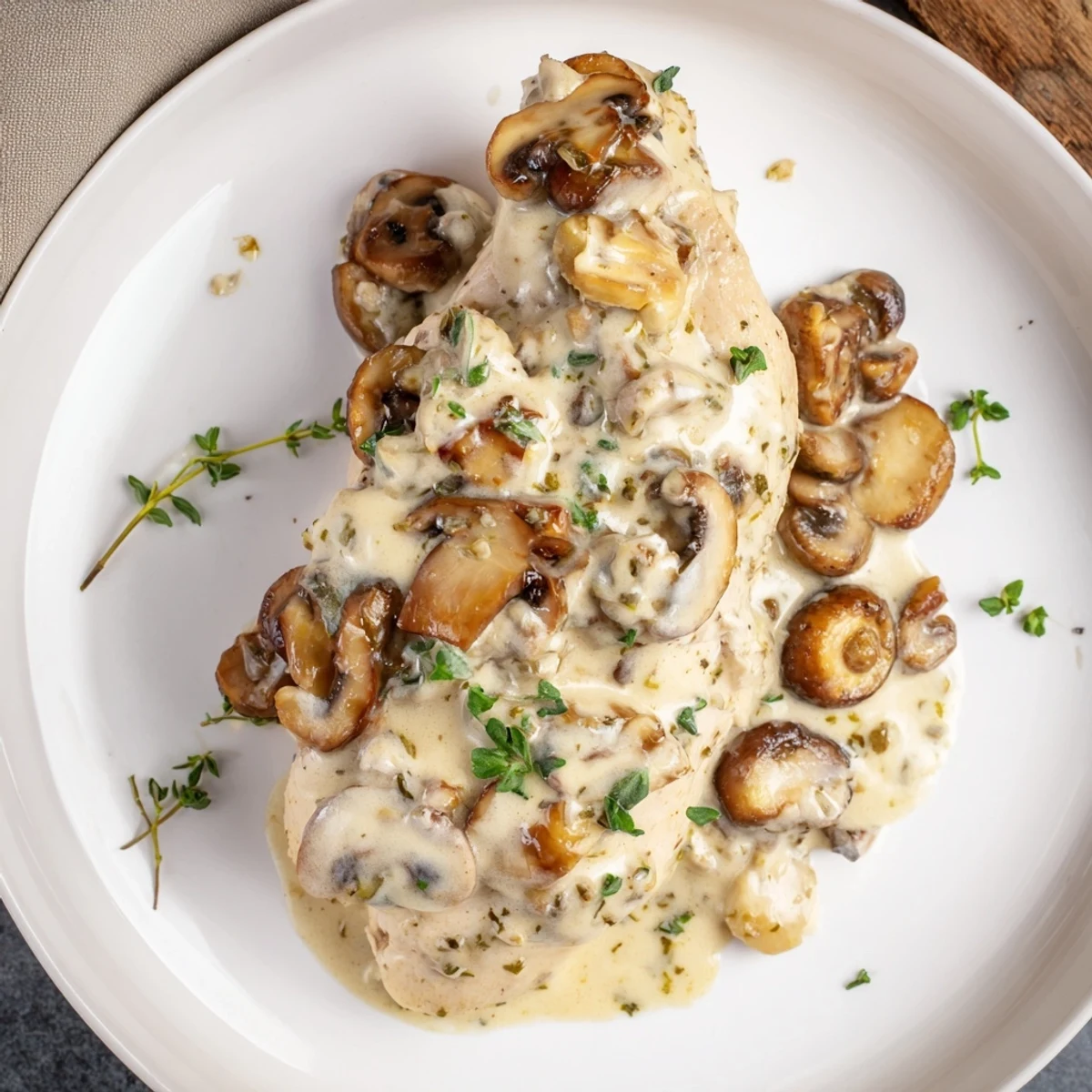 A close-up shot of Garlic Mushroom Chicken, showcasing tender chicken in creamy mushroom sauce.