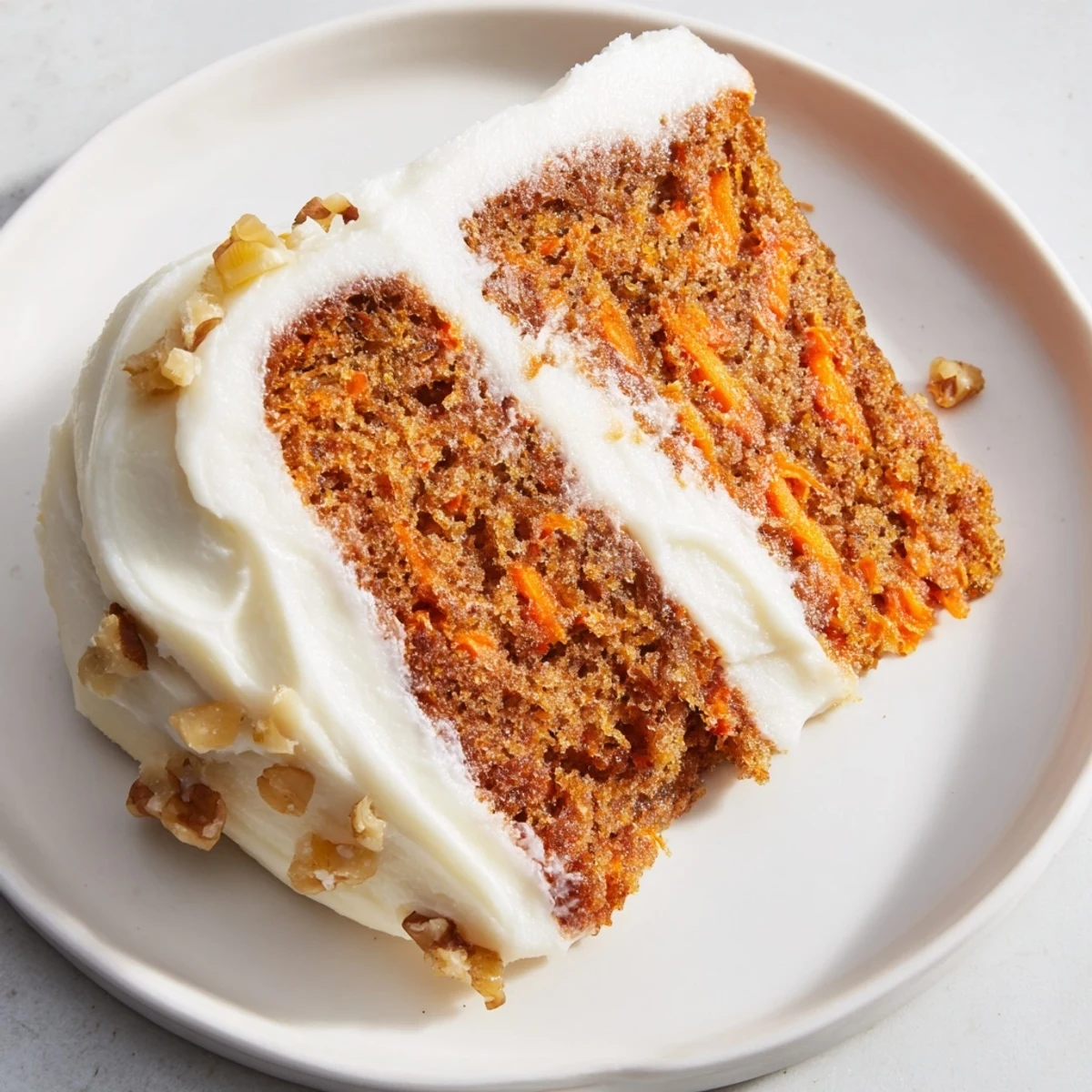 Moist slices of Carrot Cake are stacked with creamy cream cheese frosting, ready to be enjoyed.