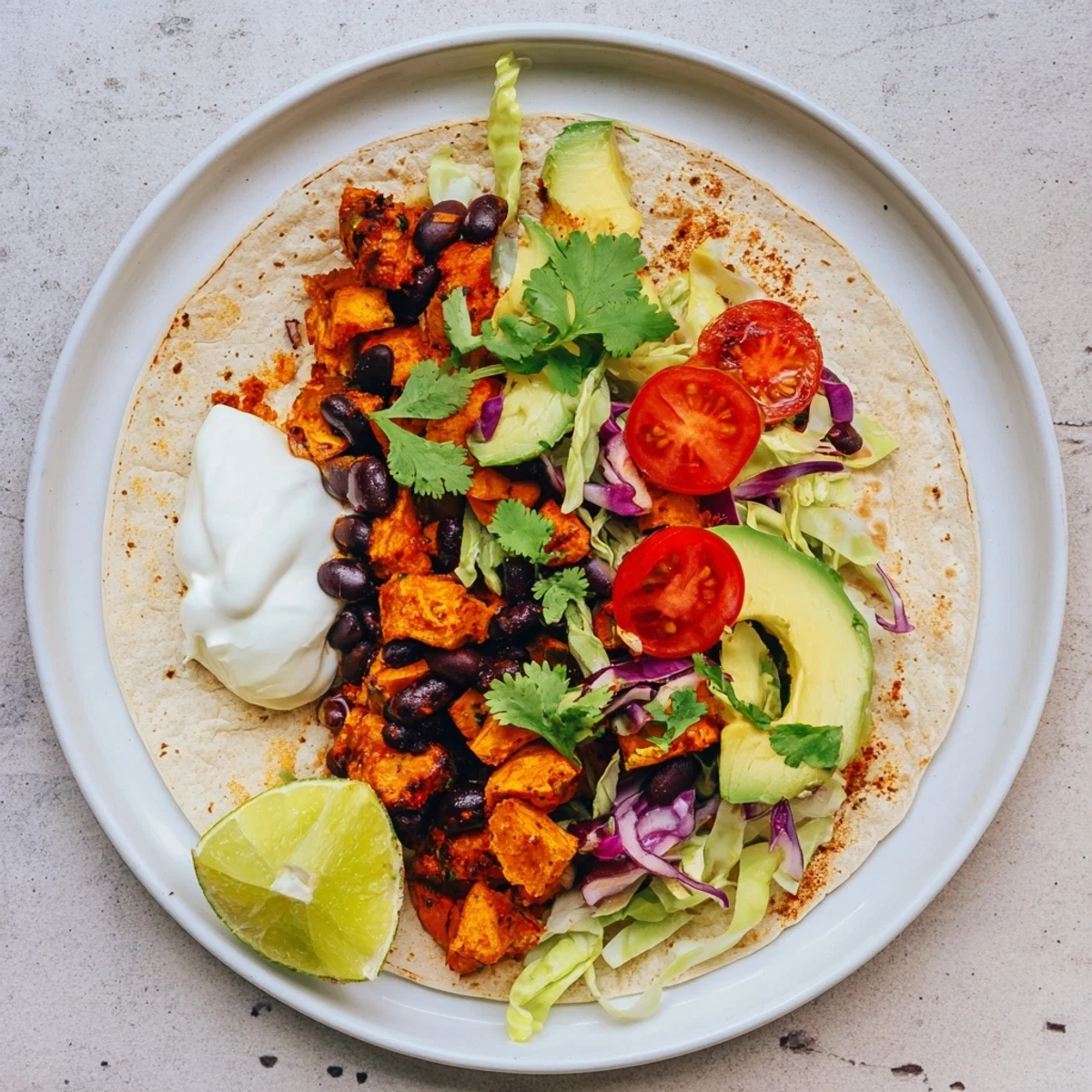 Juicy sweet potato tacos on corn tortillas with a colorful array of fresh toppings, ready to enjoy.