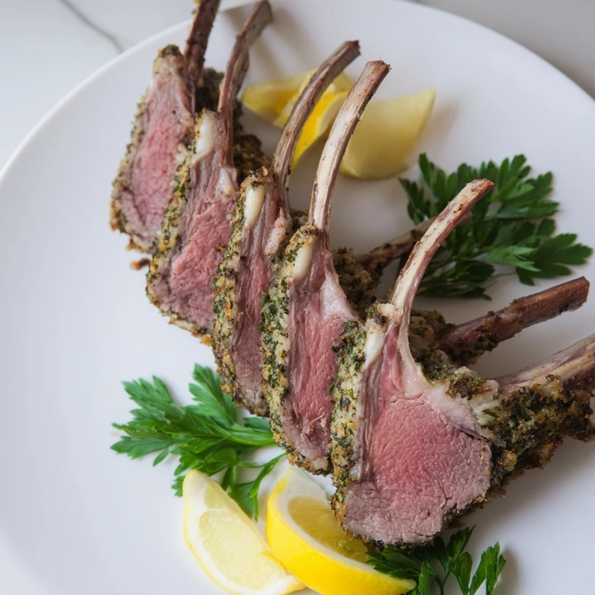 Herb-crusted roasted lamb rack, sizzling and golden, ready for an exquisite, special occasion dinner.