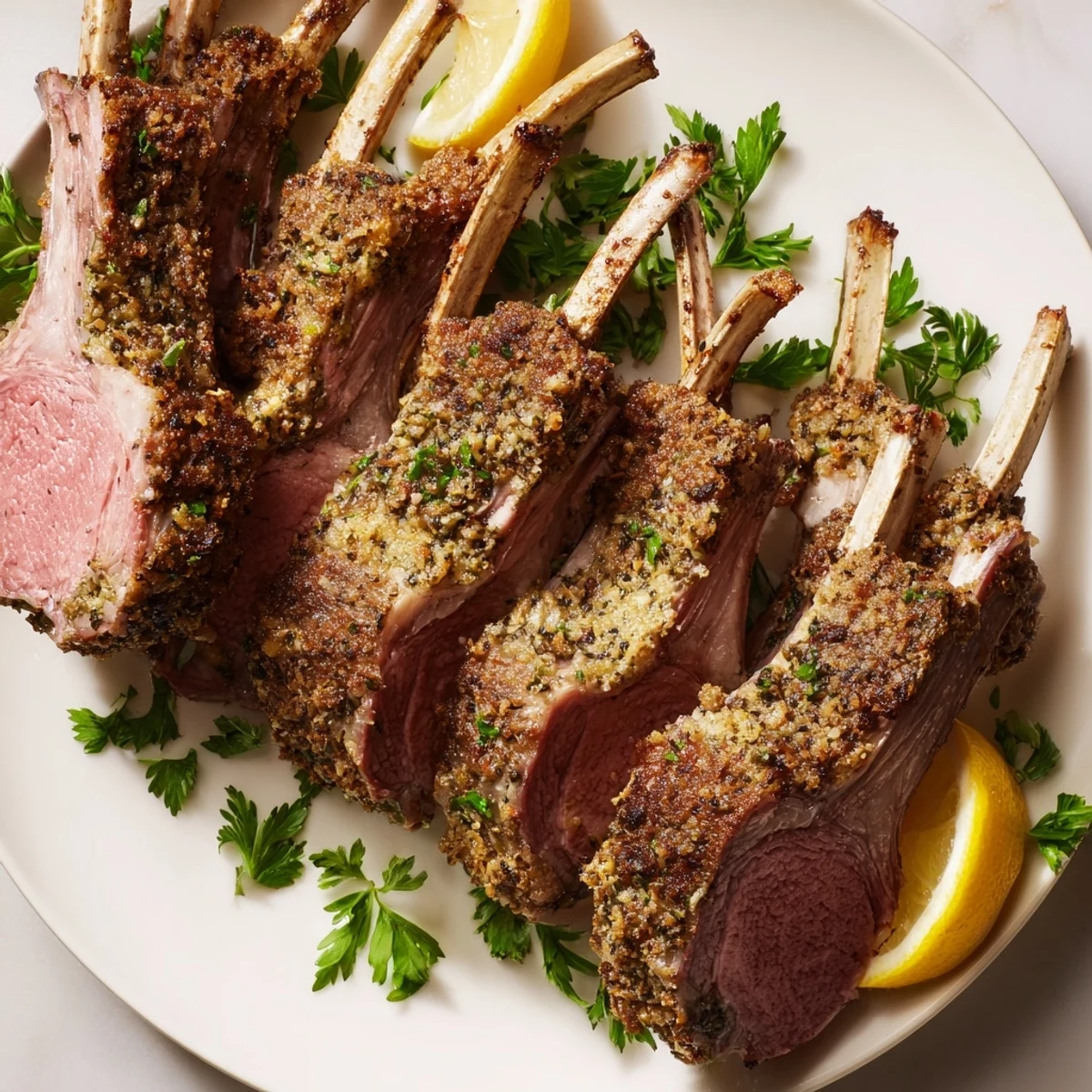 Perfectly cooked roasted lamb rack, presented as elegant chops garnished with fresh parsley and lemon wedges.