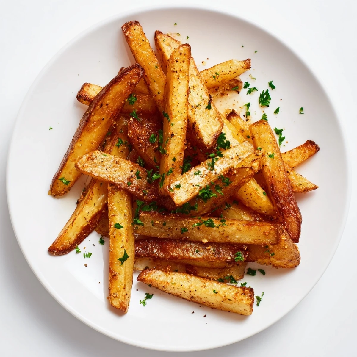 A close-up shot of golden-brown oven fries, sprinkled with herbs, providing a delicious side dish.