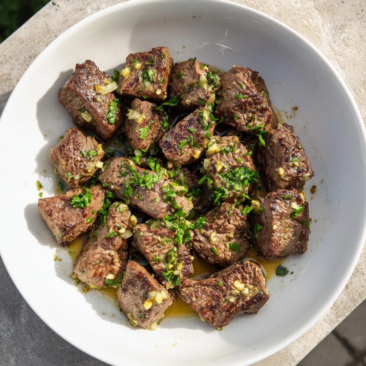 Golden-brown steak bites glistening with garlic butter, perfect for a flavorful appetizer or dinner.