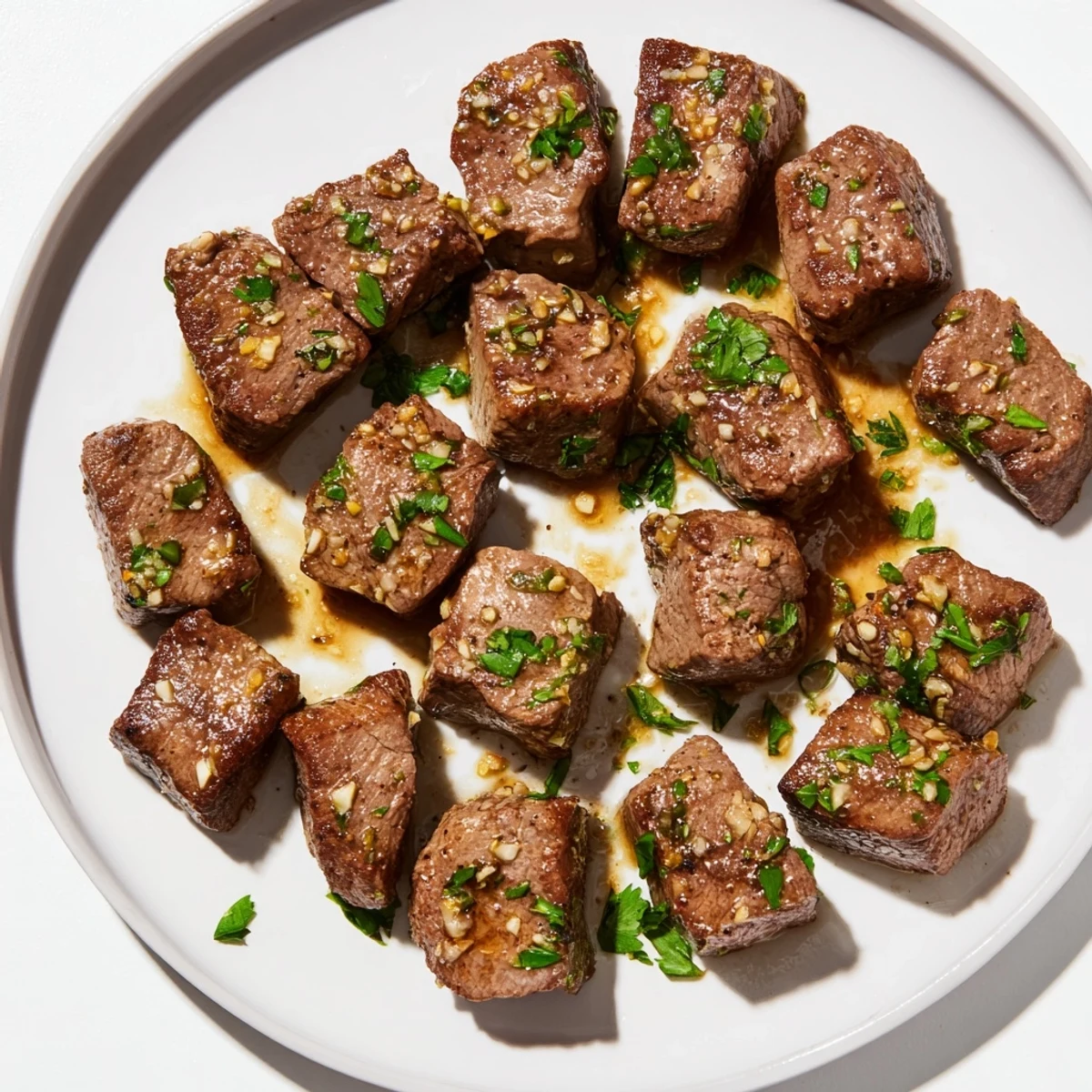 Juicy steak bites, seared to perfection then tossed in fragrant garlic butter, ready to serve with parsley.