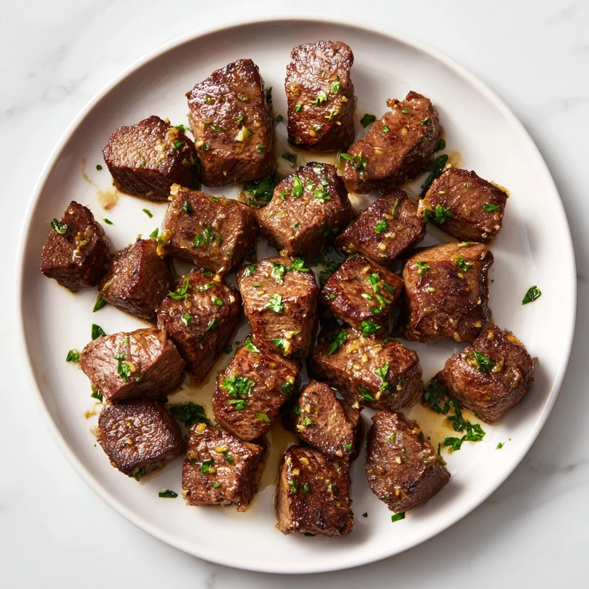 Hot, tender steak bites in a skillet, coated with melted garlic butter, ideal for sharing with friends.
