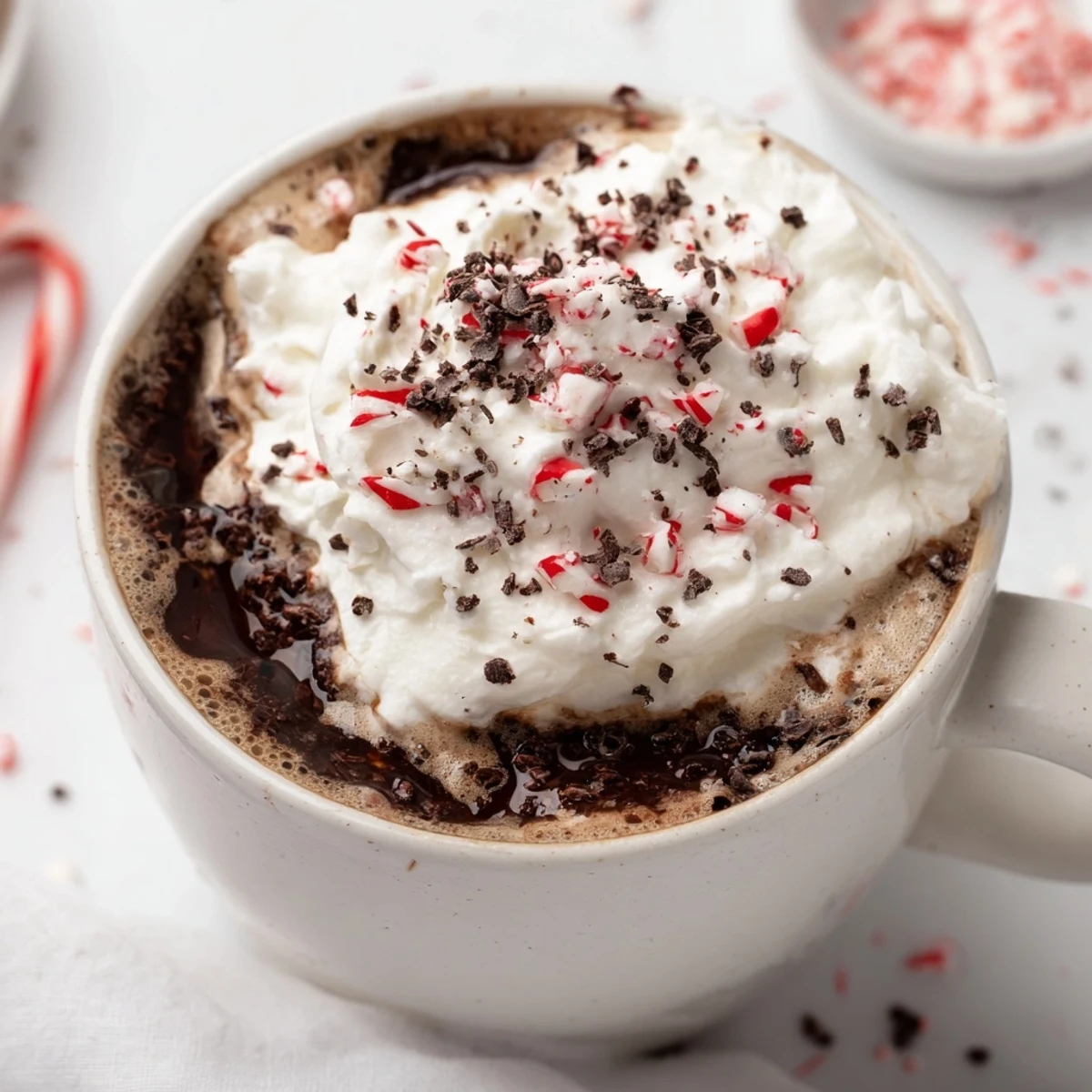Steaming Peppermint Mocha topped with whipped cream, perfect for a cozy, holiday coffee treat.