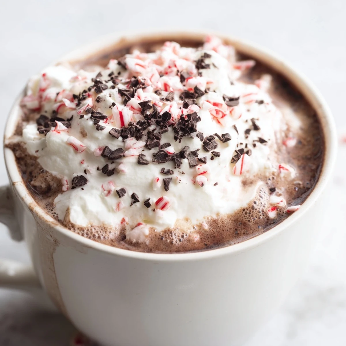 A close-up of a Peppermint Mocha, a delicious Christmas coffee drink with chocolate and mint.