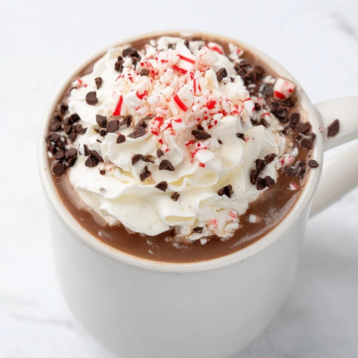 Festive mug of Peppermint Mocha, showing a rich combination of espresso and decadent chocolate.