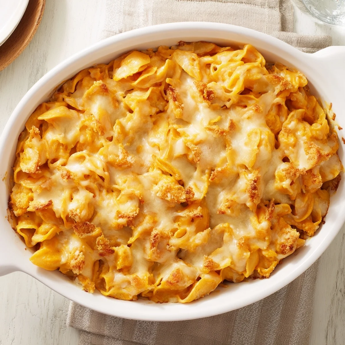 Golden-brown Butternut Mac and Cheese bubbly in a baking dish, a delicious family meal.