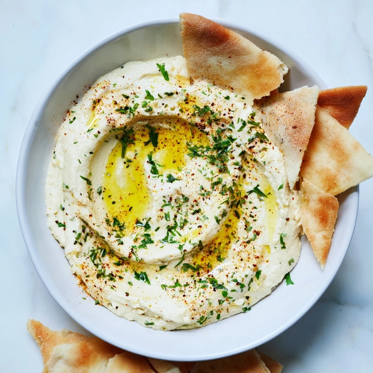 Warm pita wedges perfect for scooping up the smooth and tangy homemade hummus, a classic Middle Eastern dip.