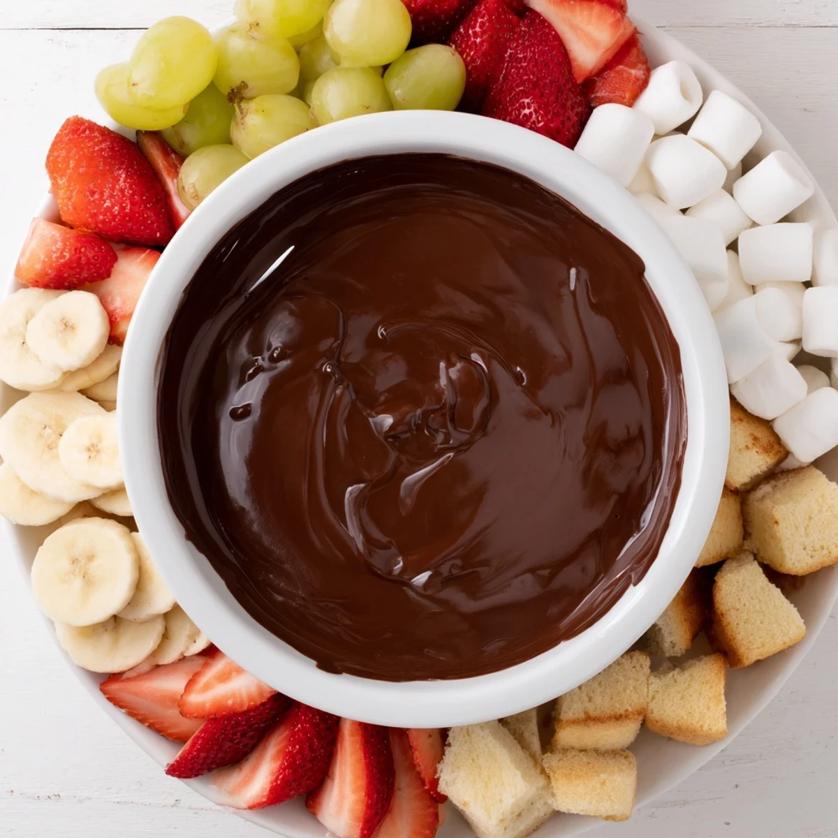 Melted chocolate fondue, a Swiss classic ready for dipping, features a glossy sheen and rich aroma.