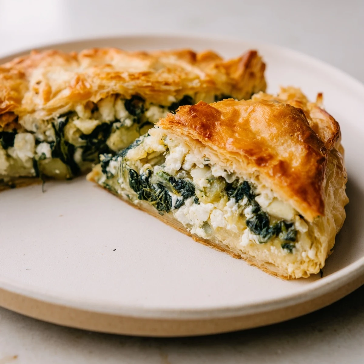 Golden, flaky spinach pie with a bubbly cheese filling, ready to slice and serve for lunch.