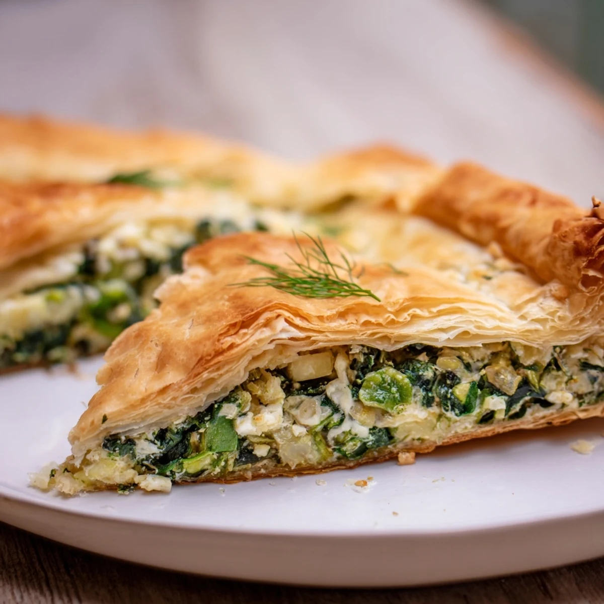A warm slice of spinach pie, a golden-crusted savory delight filled with creamy goodness.