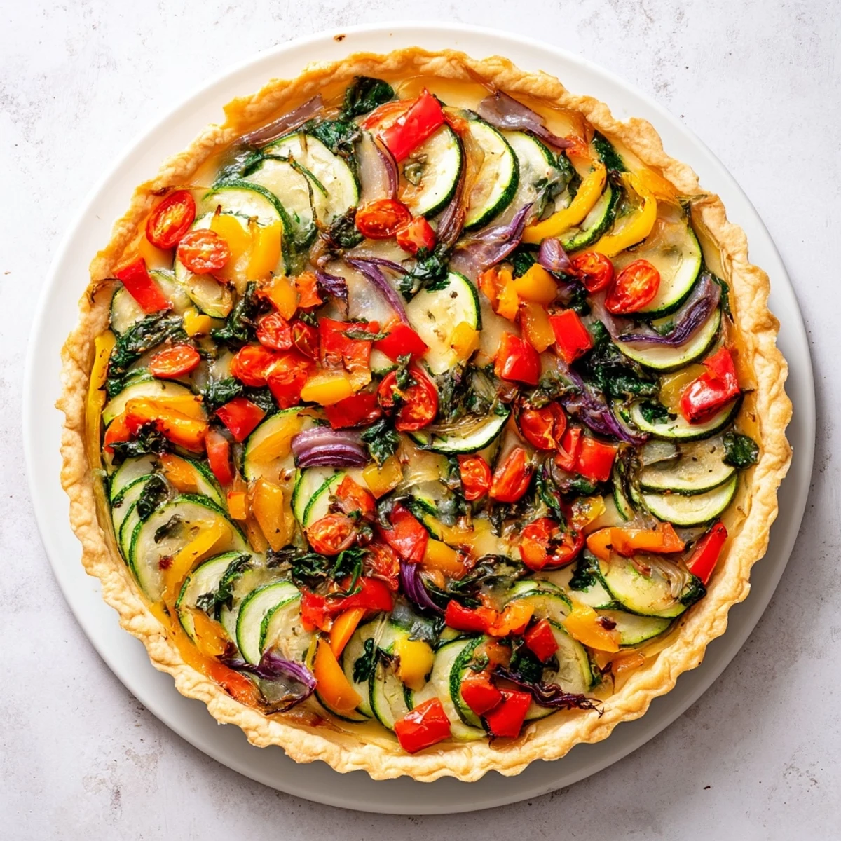 Close-up of a rustic, delicious Veggie Tart, showcasing fresh seasonal ingredients and golden pastry.