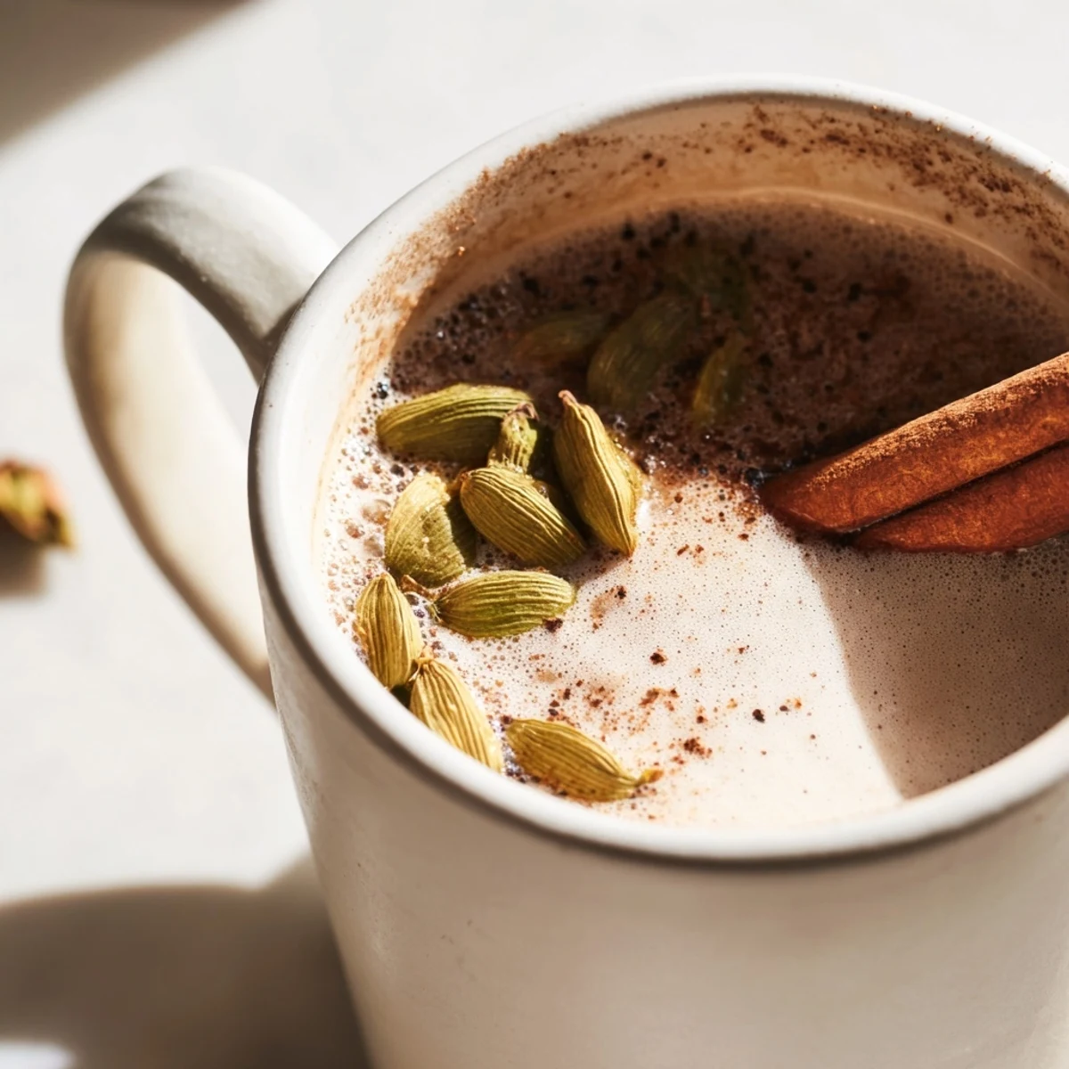 Steaming spiced chai, a creamy Indian tea, with cinnamon stick garnish offers warmth and comfort.