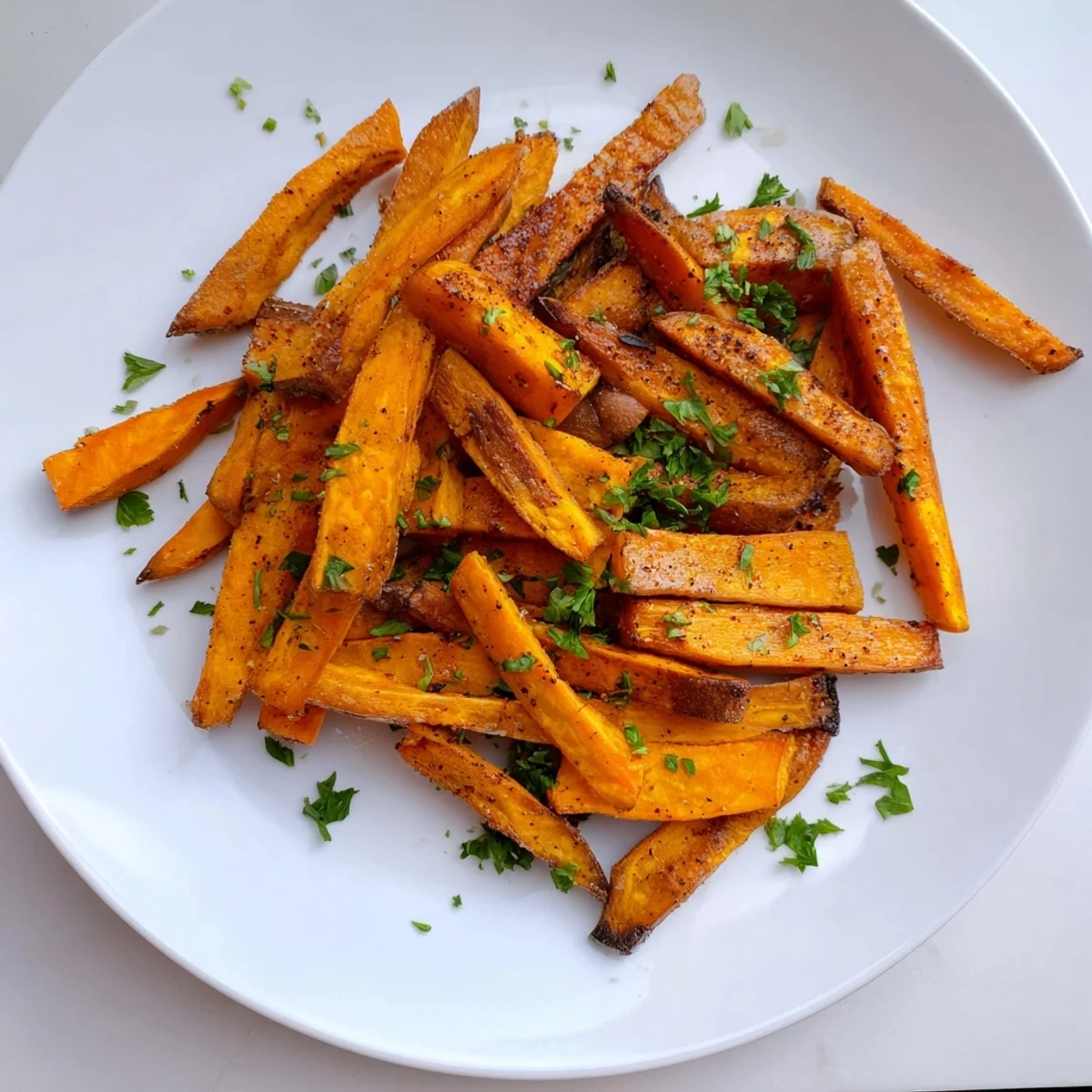 Golden-brown, crispy sweet potato fries are ready, enticing with a savory aroma for dipping.