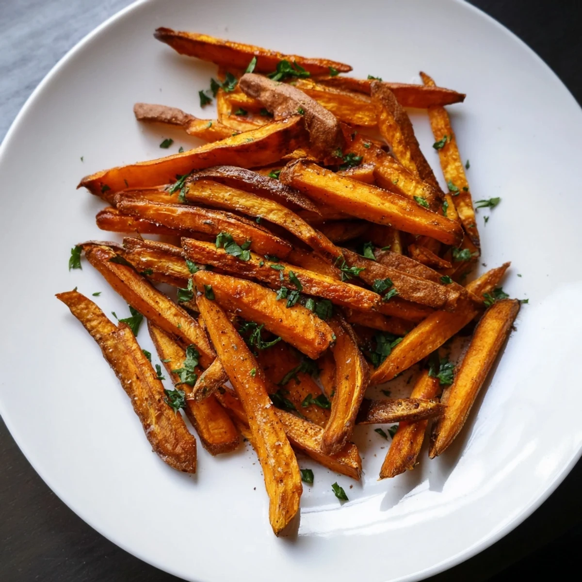 Perfectly oven-baked sweet potato fries, seasoned with paprika and spices, ready to enjoy with a dip.