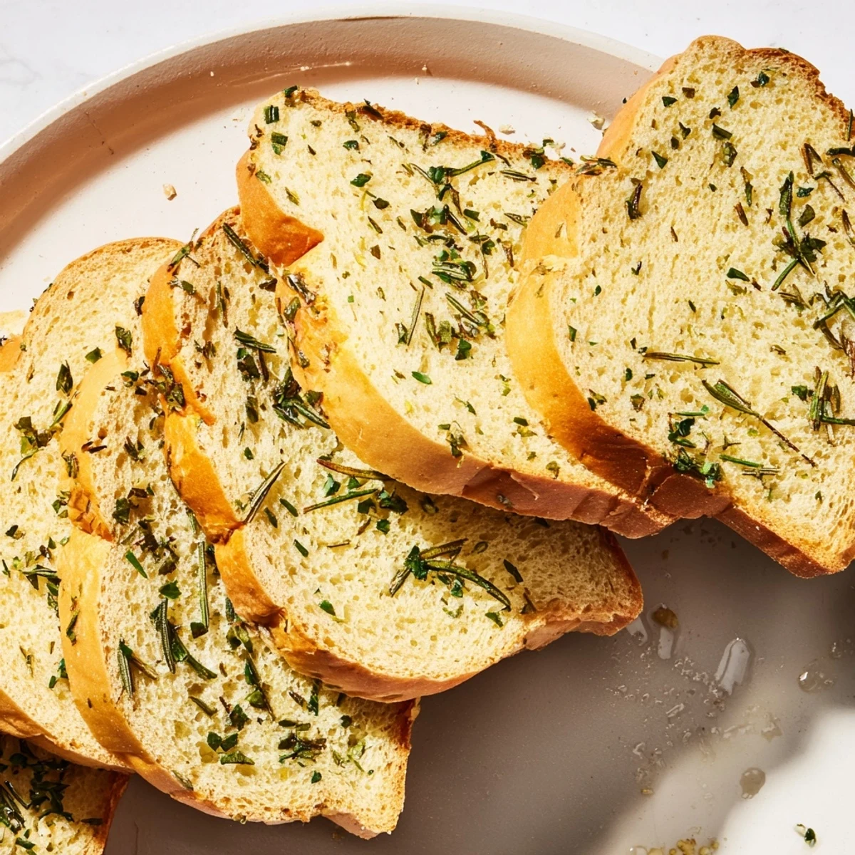 Golden brown Savory Herb Bread with visible fresh herbs, ready to slice and serve for dinner.