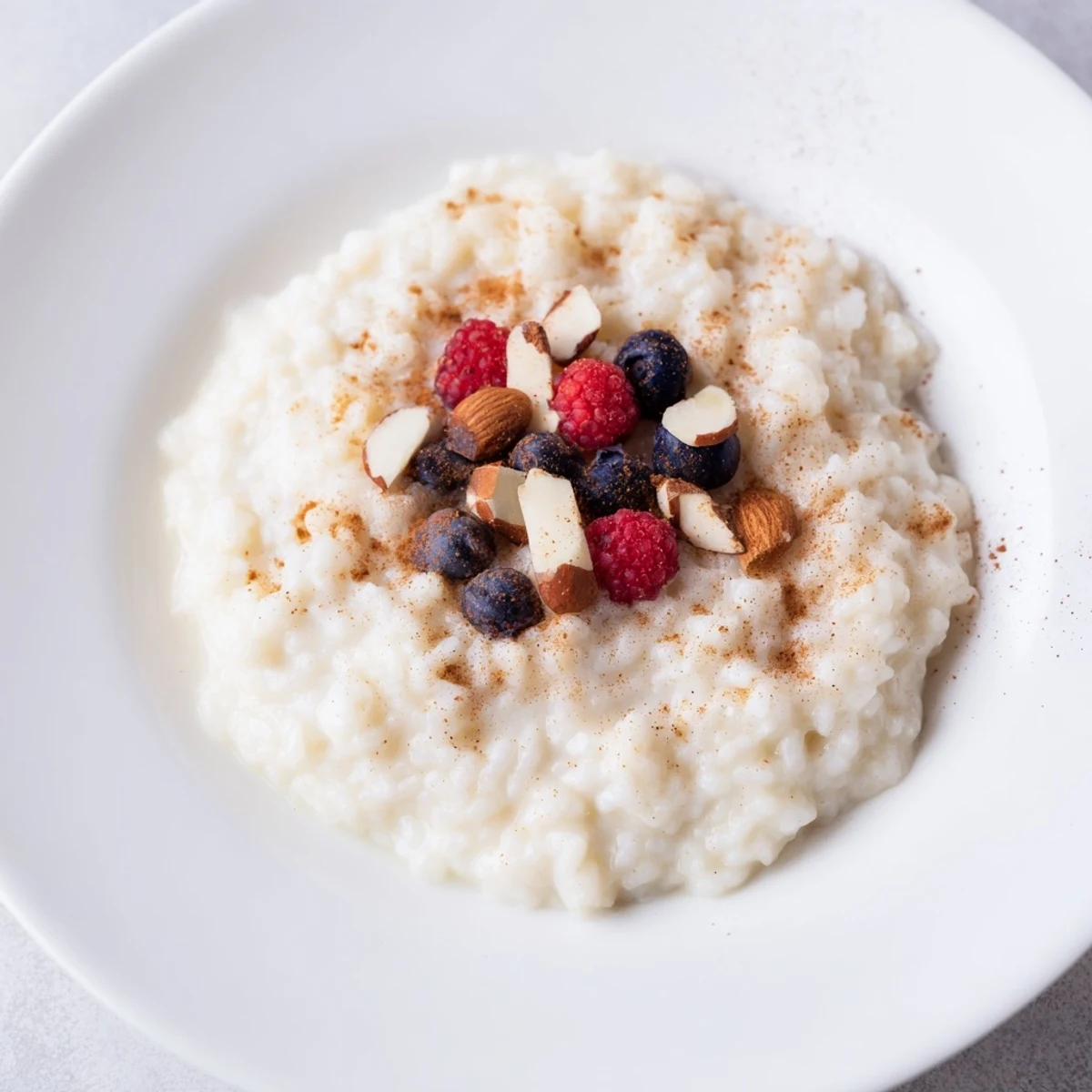 A warm bowl of creamy rice pudding, garnished with cinnamon and fresh berries.
