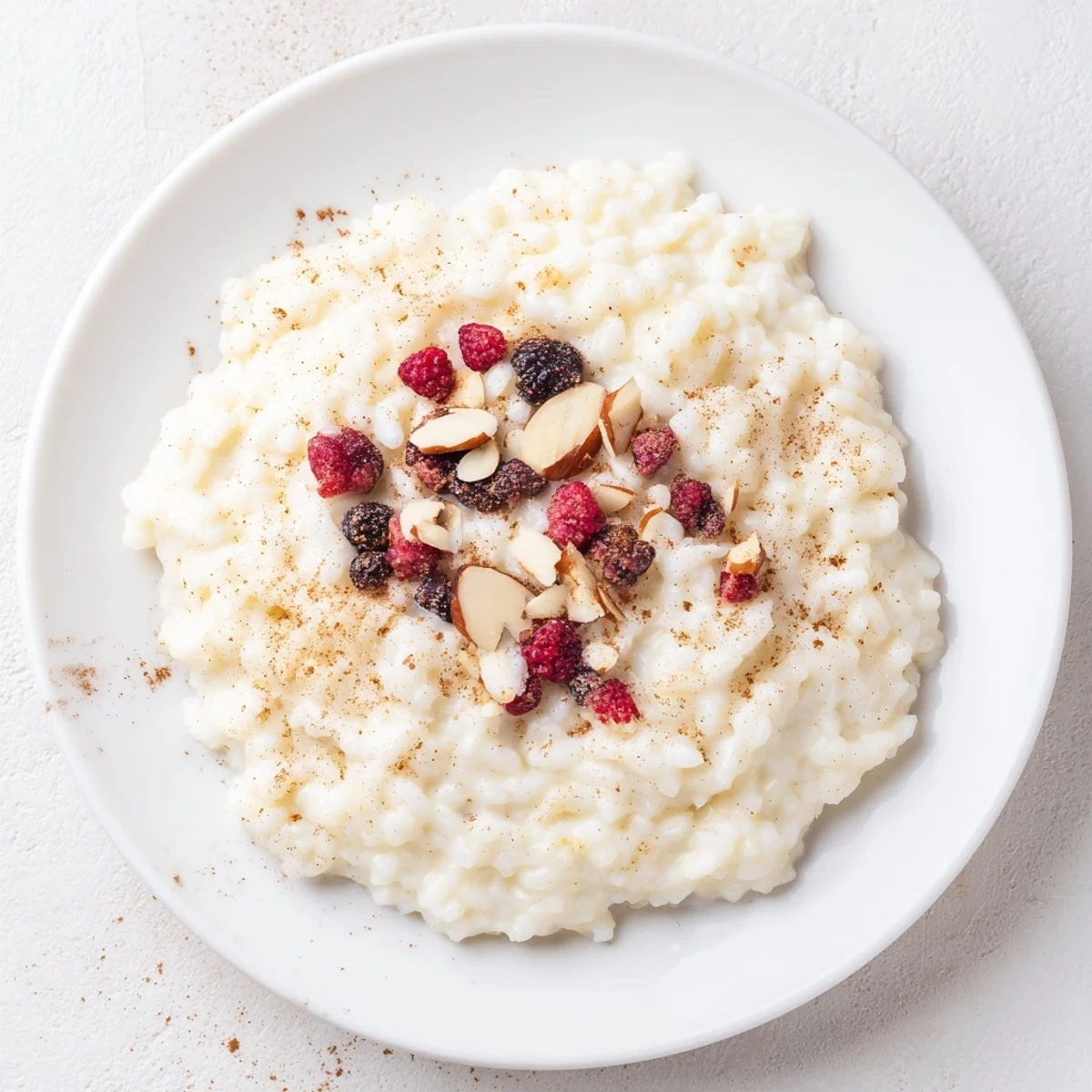 Homemade creamy rice pudding, a comforting dessert with a hint of vanilla flavor.