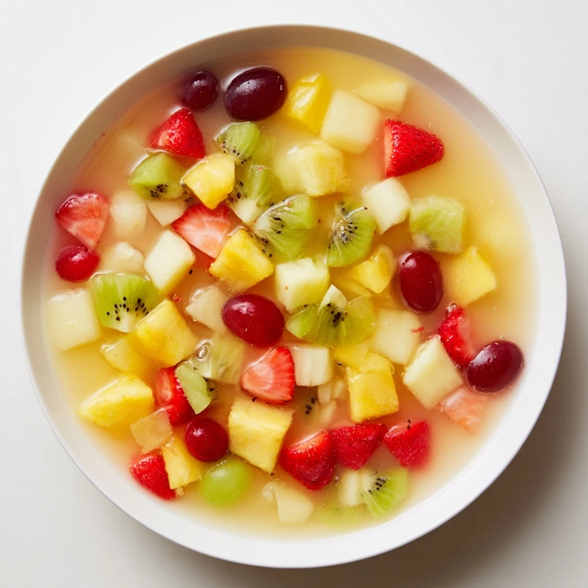 Vibrant cocktail fruit glistens in a clear syrup, a brightly colored dessert ready for serving.