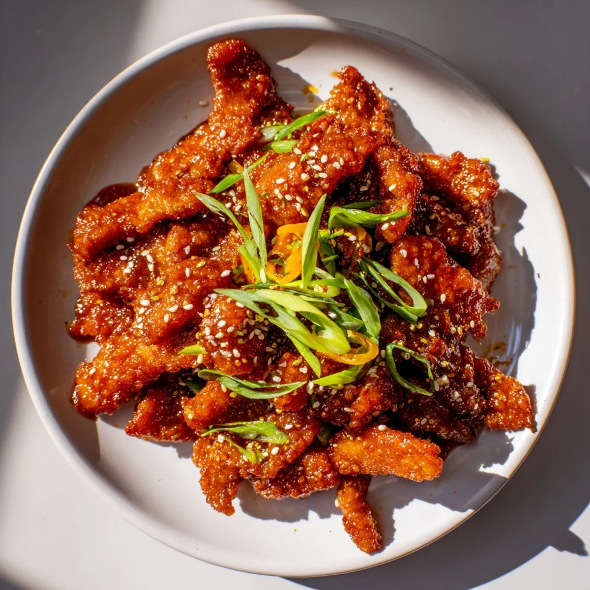 This plate of Beef Crispy features crispy beef, garnished with green onions and sesame seeds.