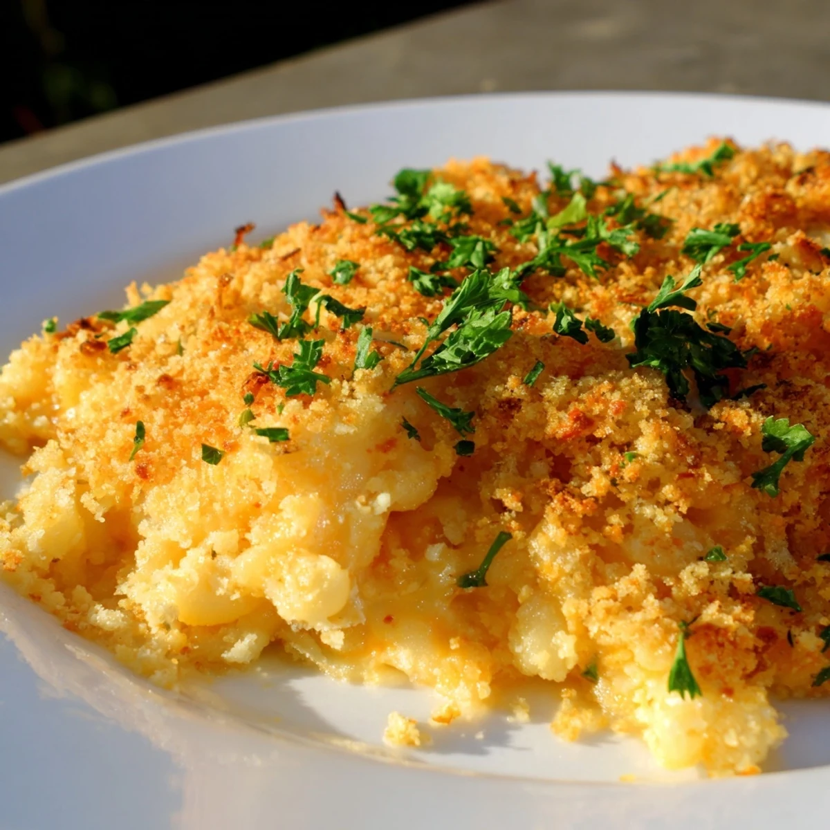 Golden, bubbling cheese baked casserole, a comforting vegetarian main with a crispy breadcrumb topping.