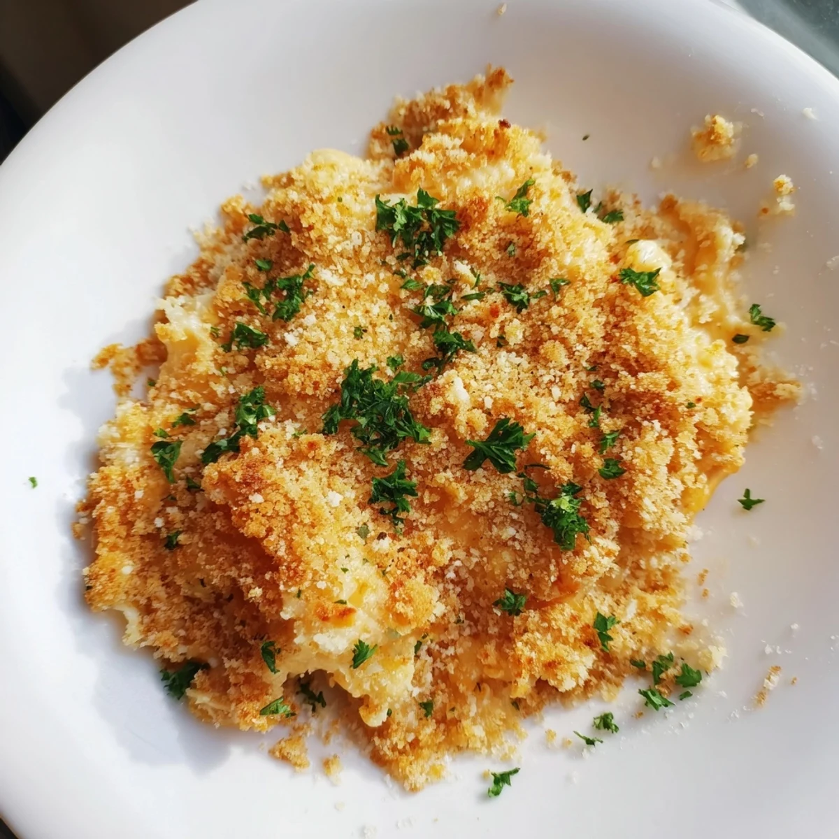 Savory and creamy cheese baked casserole, pictured with a golden crust and fresh parsley garnish.