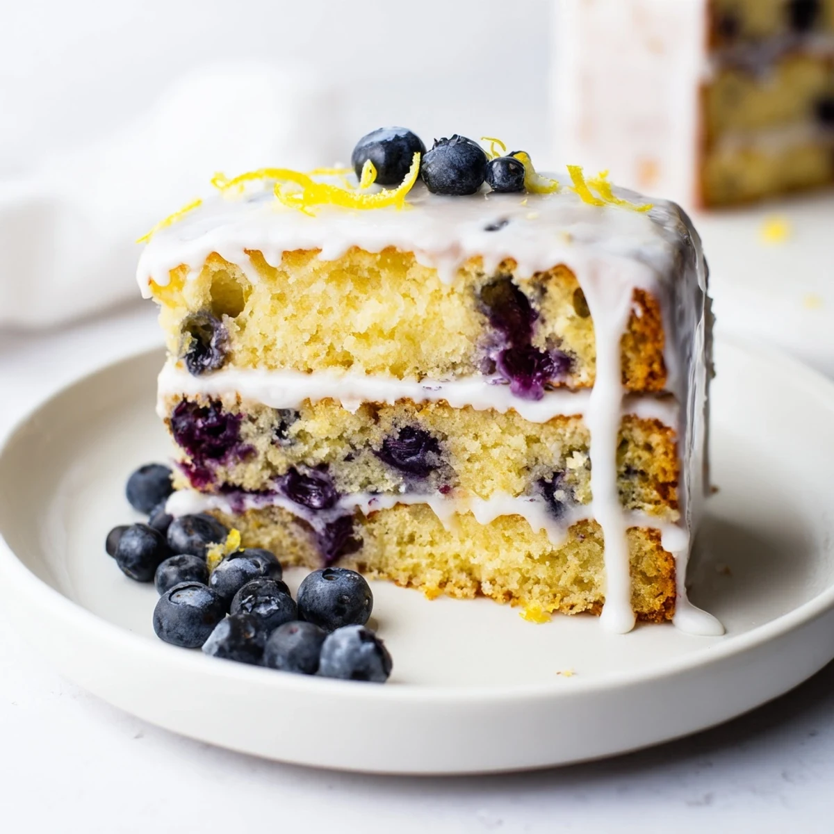 A slice of Lemon and Blueberry Drizzle Cake, moist with bursting blueberries and citrus flavor.