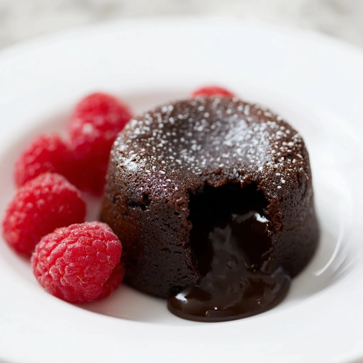Molten chocolate fondant with fresh raspberries, a rich dessert, ready to savor.
