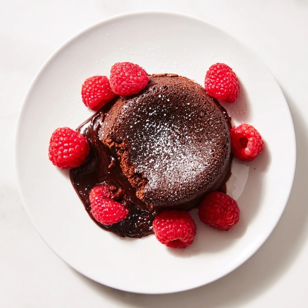Warm chocolate fondant oozing from the center, served with sweet, plump red raspberries.