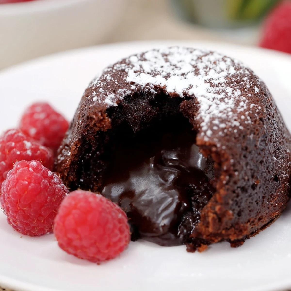 Close-up shot shows a perfect chocolate fondant, the ideal treat with raspberries.