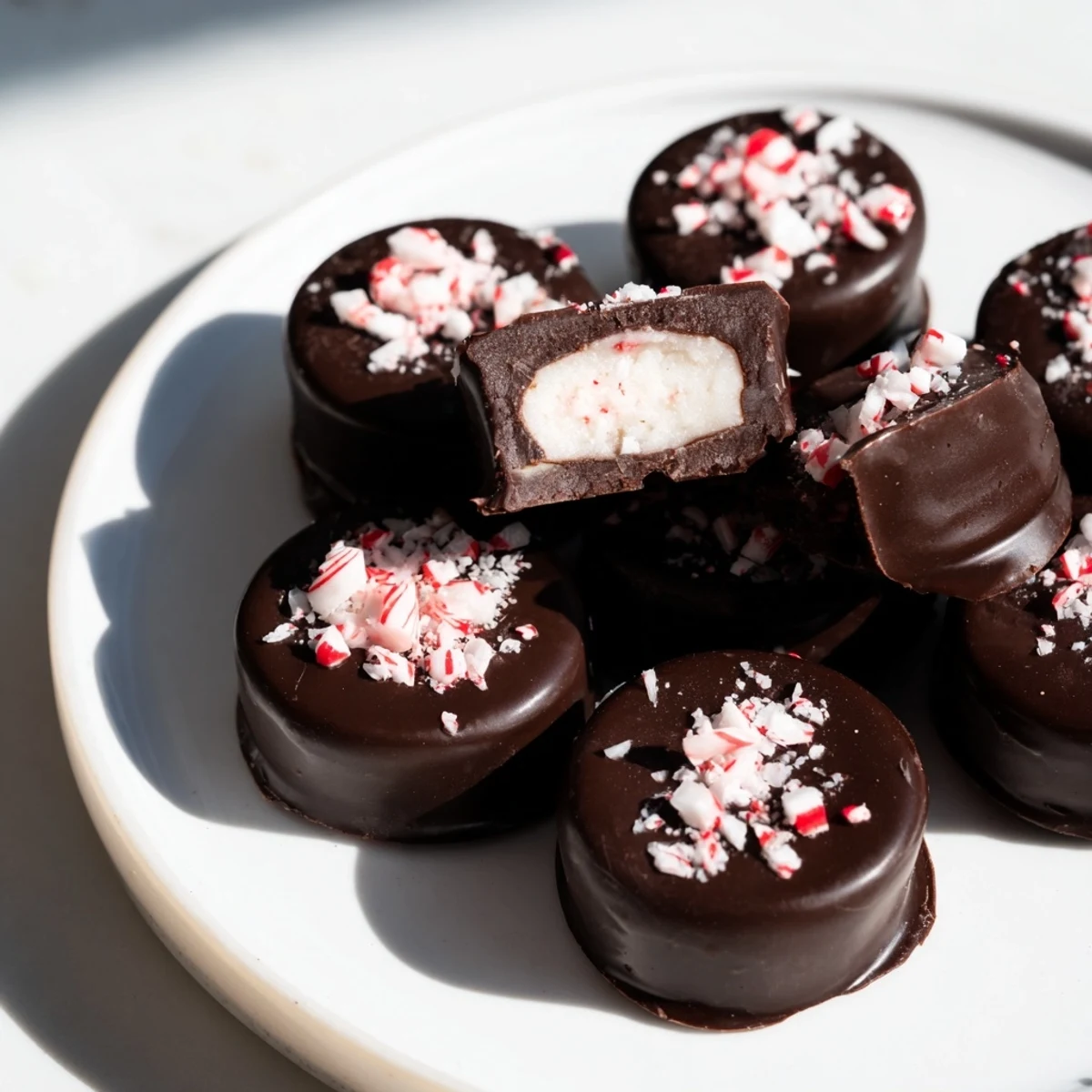 Melted dark chocolate coats decadent homemade Peppermint Cream Chocolates, ready to chill.