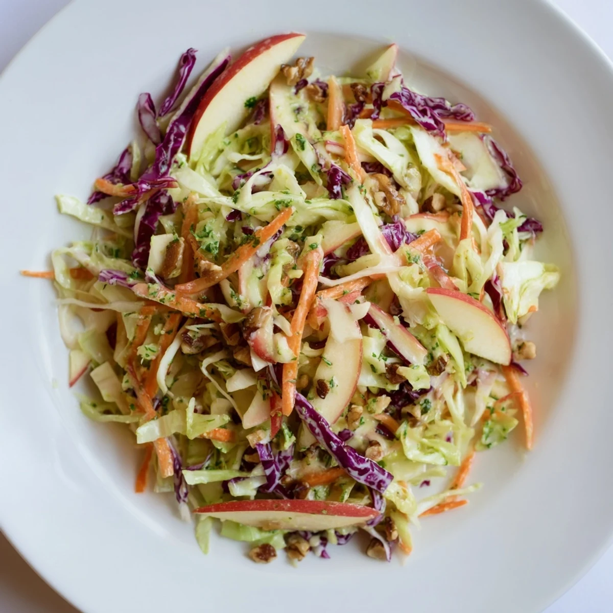 Vibrant Winter Coleslaw with Apple, featuring crisp cabbage and sweet apple slices, ready to serve.