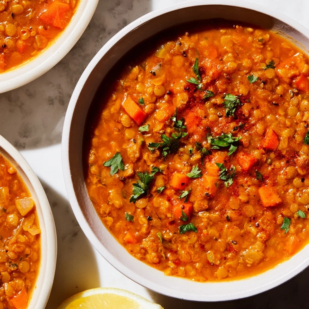 This vibrant Spiced Red Lentil Soup features a rich, spiced broth and tender, cooked lentils.