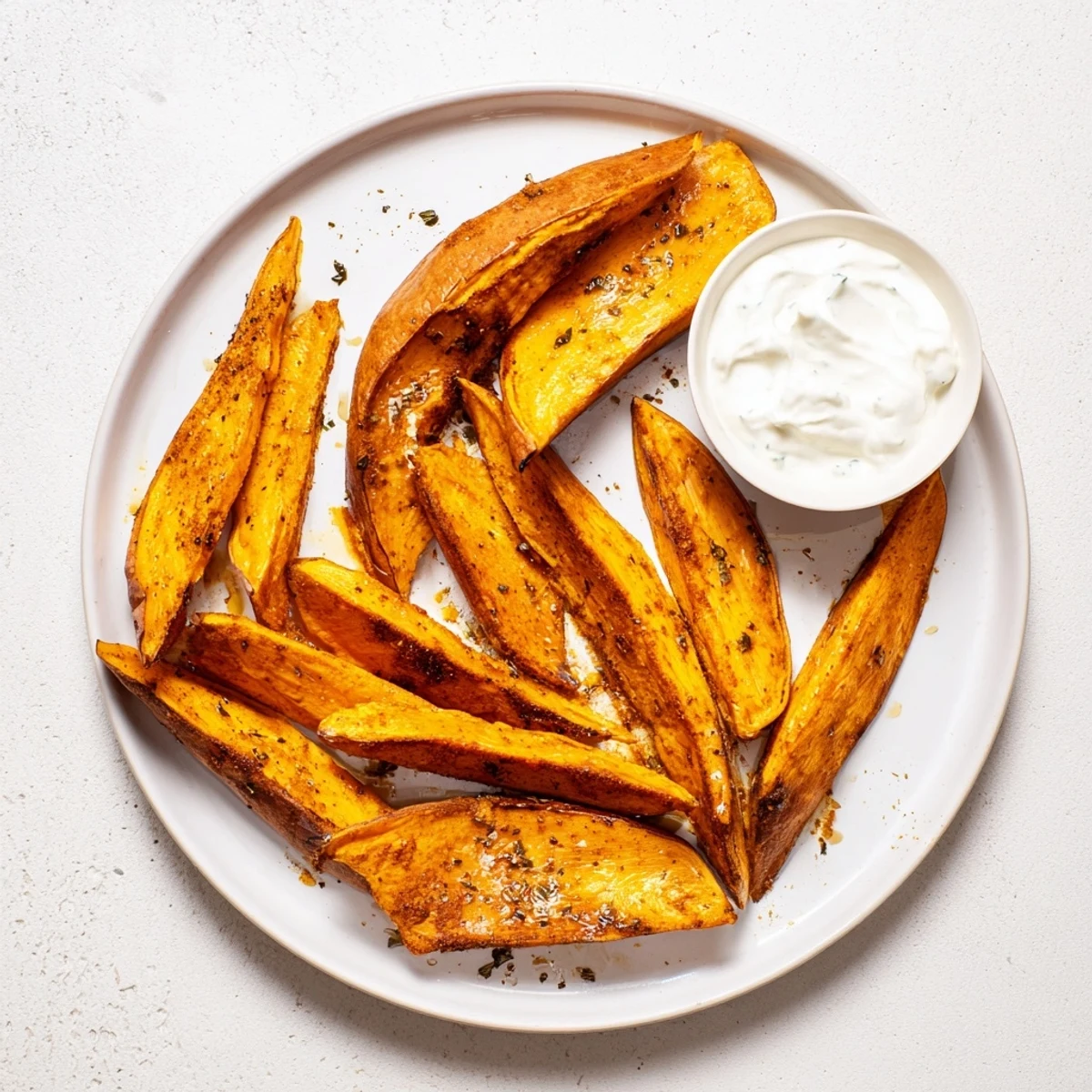 Golden-brown roasted sweet potato wedges, a healthy and delicious American side dish, ready to eat.