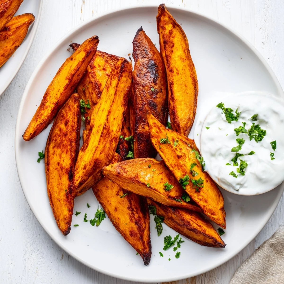 Crispy edges and a tender interior highlight these savory roasted sweet potato wedges, served with creamy dip.