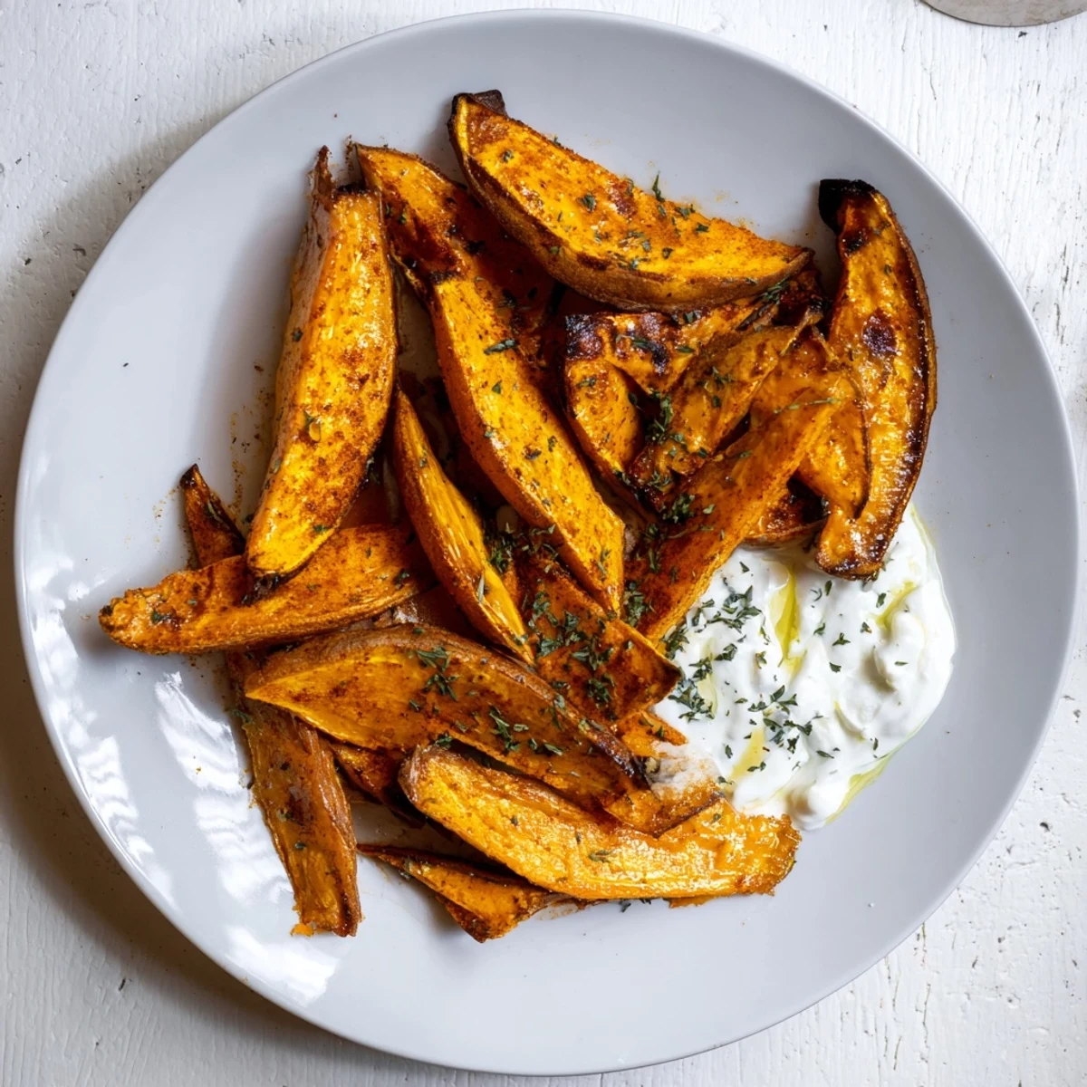 Imagine perfectly seasoned roasted sweet potato wedges, ideal for dipping into a cool, refreshing yogurt sauce.
