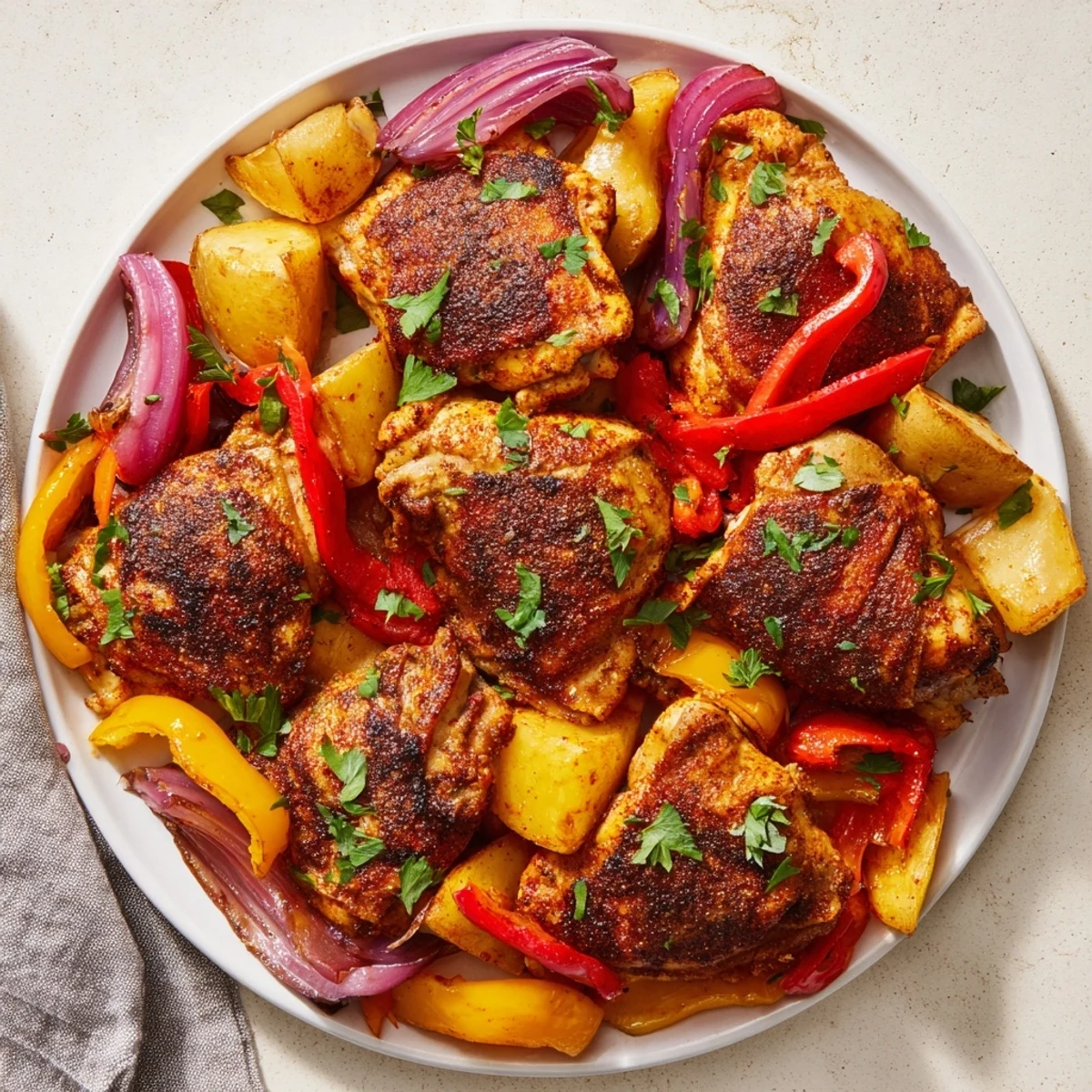 Golden, crispy skin roasted chicken thighs with smoky paprika, perfect for a flavorful dinner.