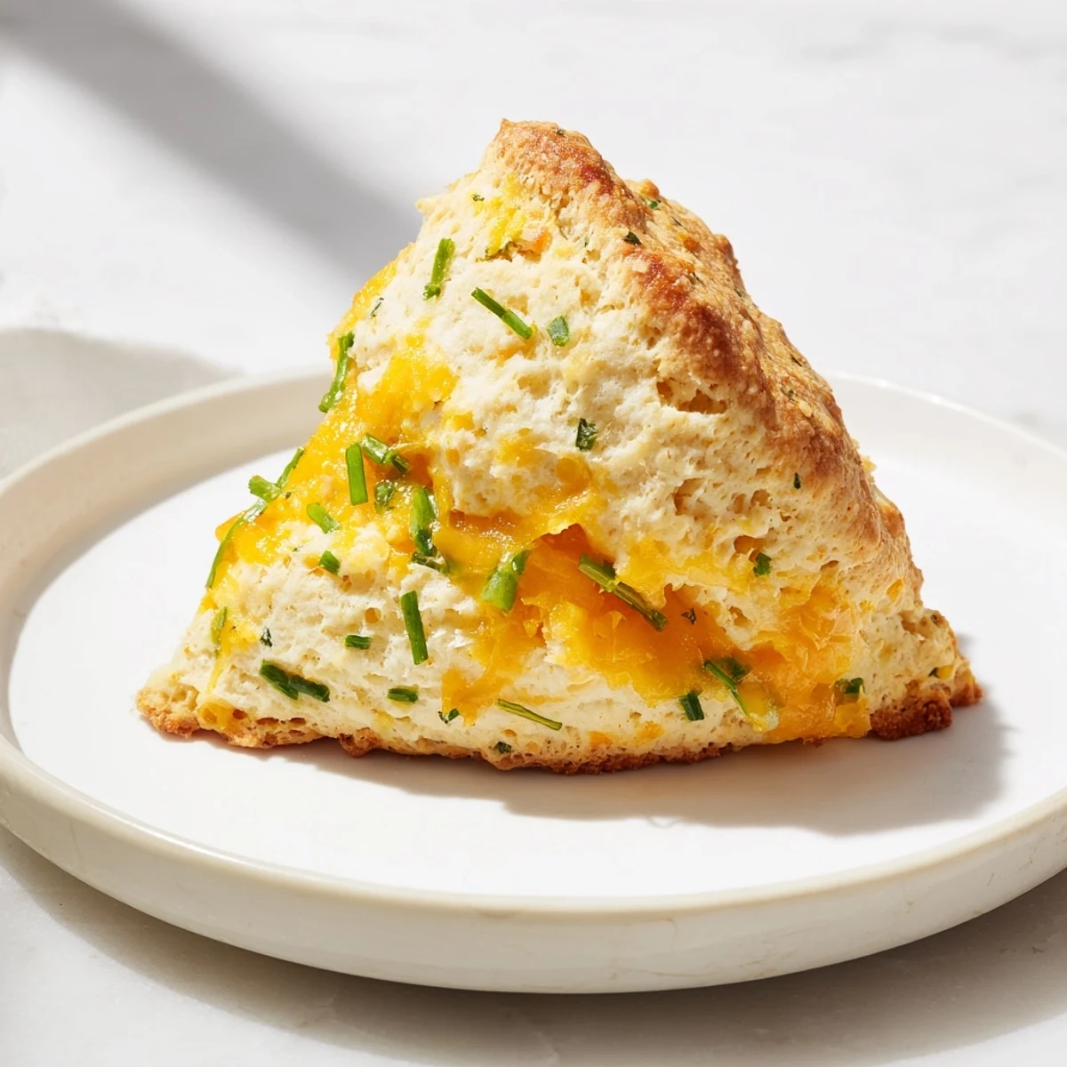 Freshly baked Savory Cheese and Chive Scones, golden and flaky, ready to be served warm.