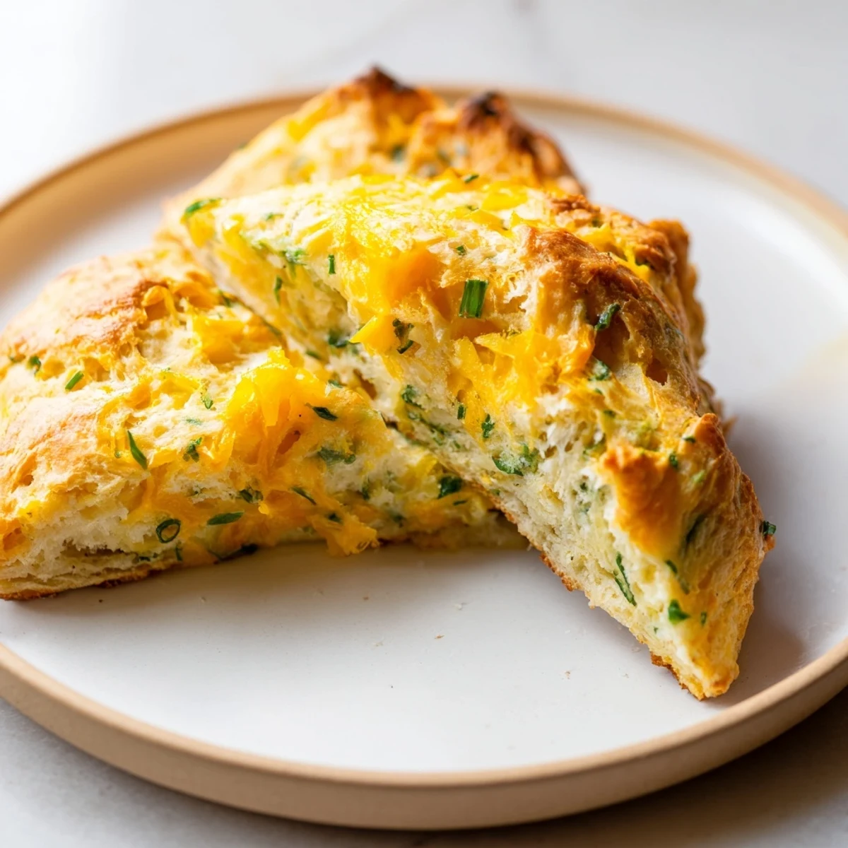 A close-up of buttery, cheesy Savory Cheese and Chive Scones, showing flecks of chives inside.